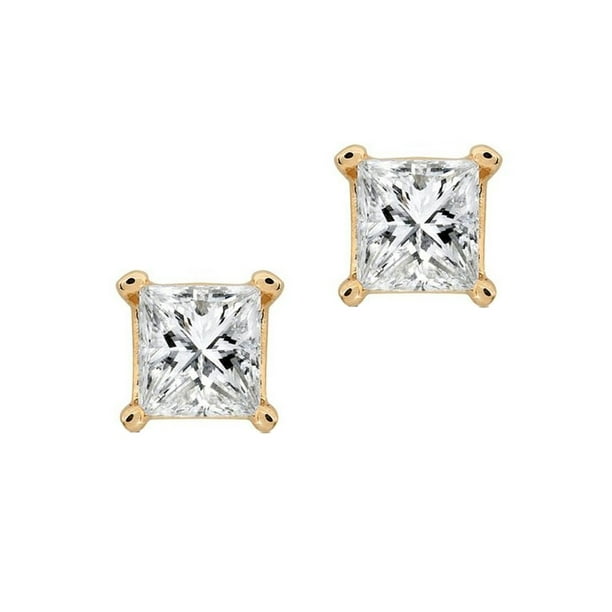 14K Yellow Gold Invisible Princess Square Real Diamond Stud Earrings .25ct 4MM
